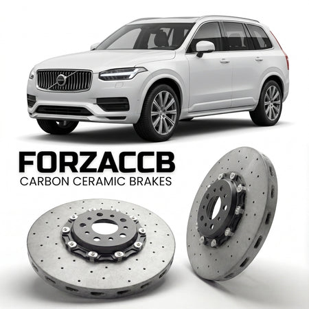 ForzaCCB direct OEM replacement carbon ceramic brake rotors for 2024+) Volvo XC90 II (facelift 2024 models, shown with a white Volvo XC90 car.