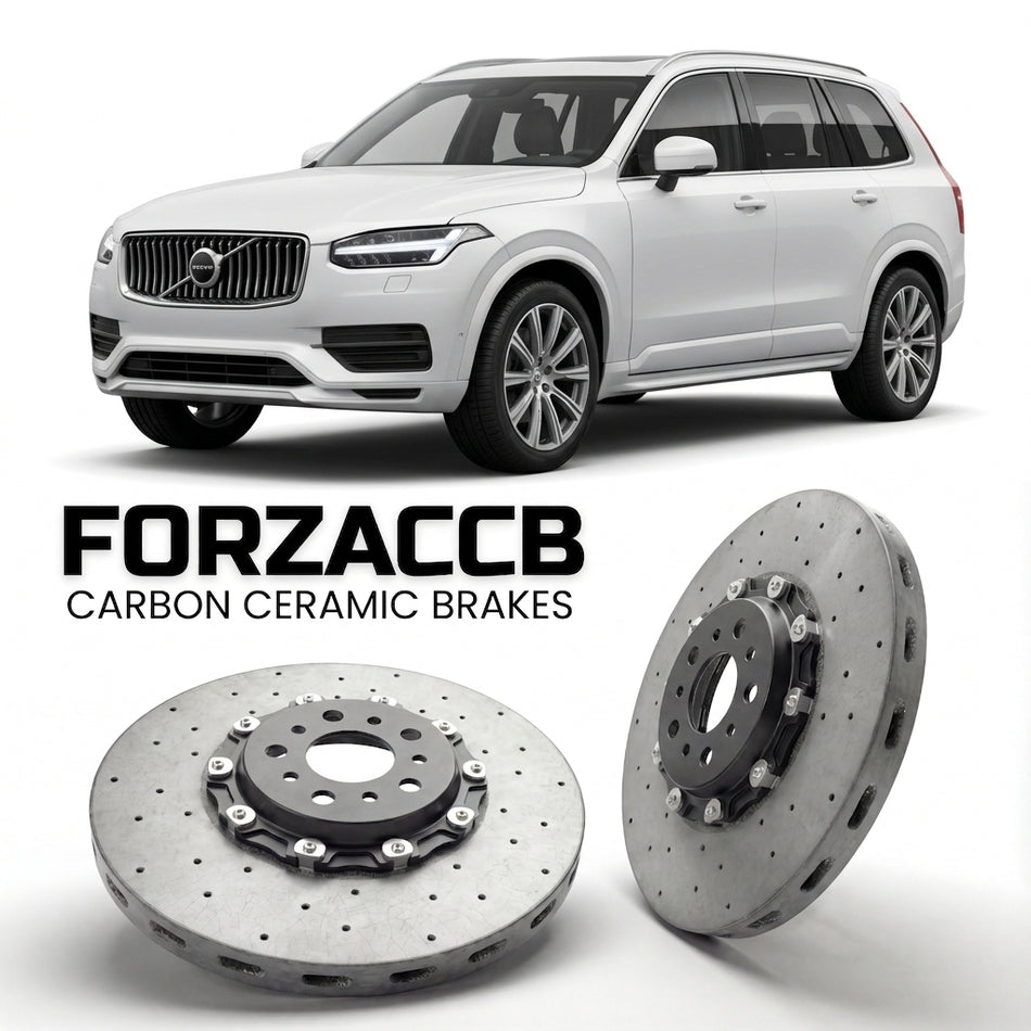 ForzaCCB direct OEM replacement carbon ceramic brake rotors for 2024+) Volvo XC90 II (facelift 2024 models, shown with a white Volvo XC90 car.