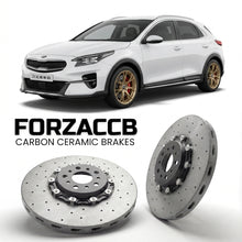 ForzaCCB direct OEM replacement carbon ceramic brake rotors for 2019 to 2022 Kia XCeed models, shown with a white Kia XCeed car.