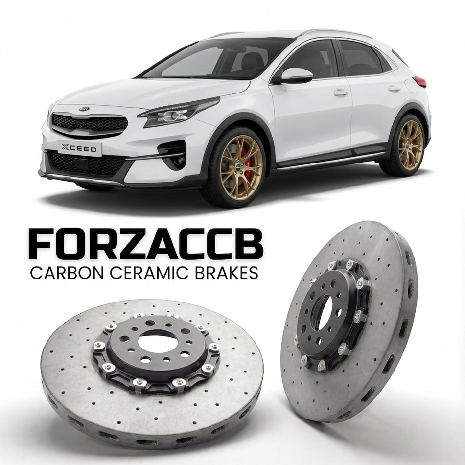 ForzaCCB direct OEM replacement carbon ceramic brake rotors for 2019 to 2022 Kia XCeed models, shown with a white Kia XCeed car.