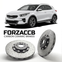 ForzaCCB direct OEM replacement carbon ceramic brake rotors for 2022 and newer Kia XCeed facelift 2022 models, shown with a white Kia XCeed car.