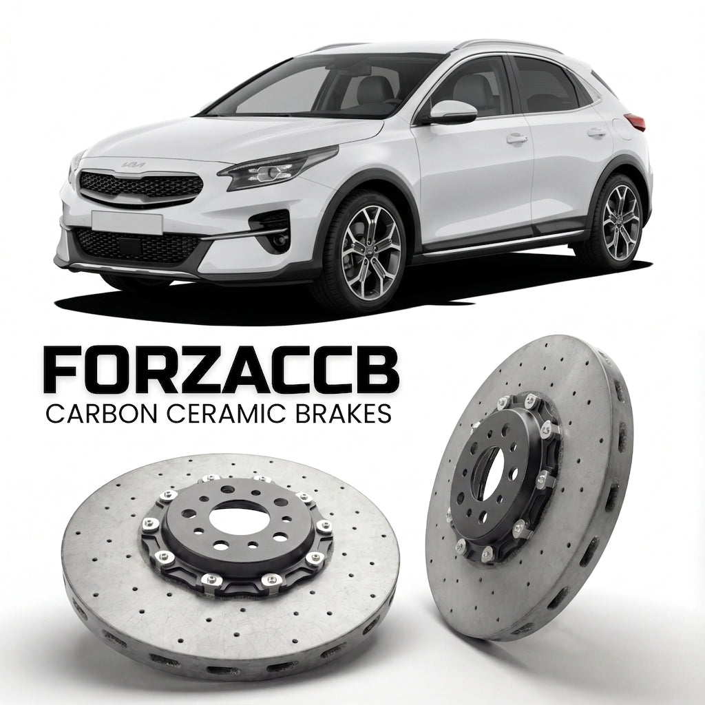 ForzaCCB direct OEM replacement carbon ceramic brake rotors for 2022 and newer Kia XCeed facelift 2022 models, shown with a white Kia XCeed car.
