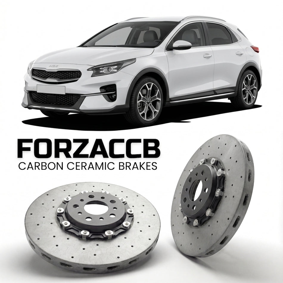 ForzaCCB direct OEM replacement carbon ceramic brake rotors for 2022 and newer Kia XCeed facelift 2022 models, shown with a white Kia XCeed car.