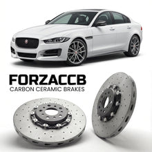 ForzaCCB direct OEM replacement carbon ceramic brake rotors for 2015 to 2018 Jaguar XE X760 models, shown with a white Jaguar XE car.
