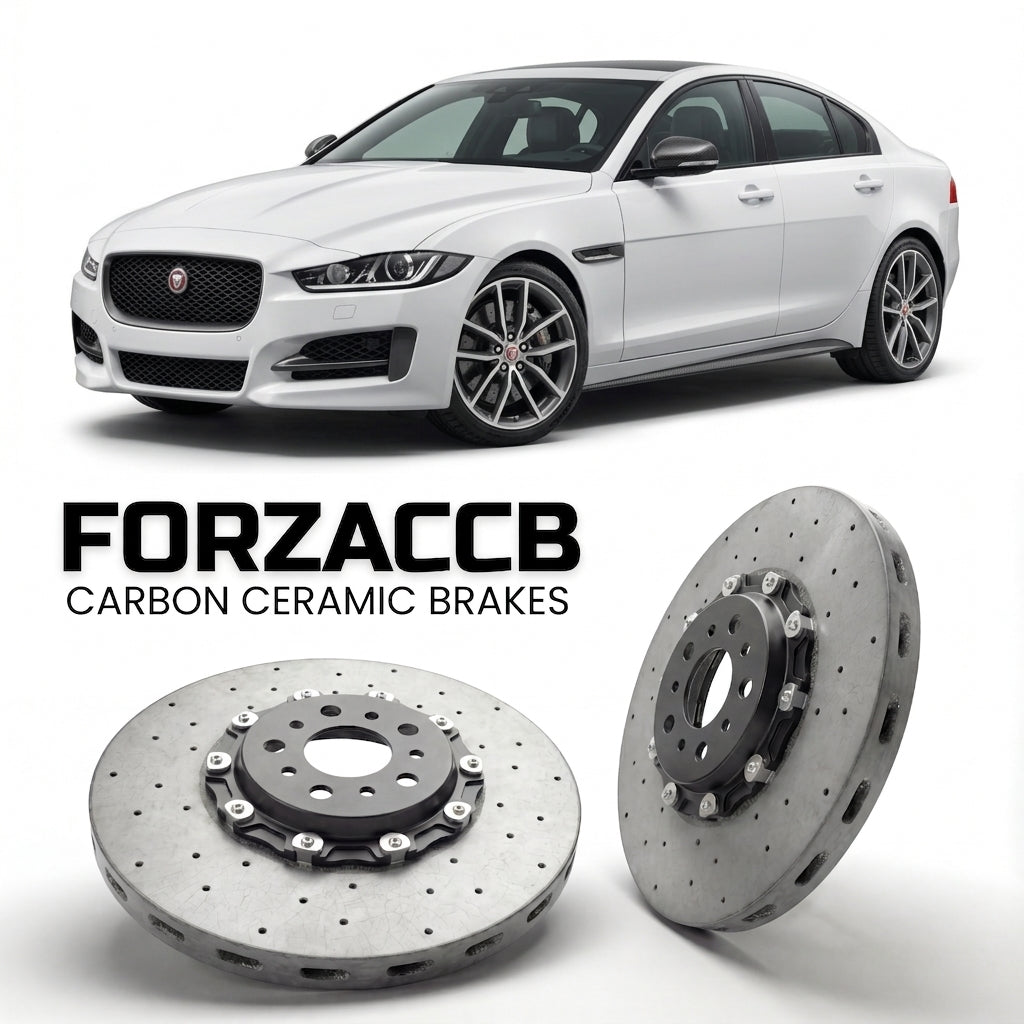 ForzaCCB direct OEM replacement carbon ceramic brake rotors for 2015 to 2018 Jaguar XE X760 models, shown with a white Jaguar XE car.