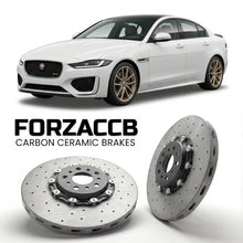 ForzaCCB direct OEM replacement carbon ceramic brake rotors for 2019 to 2020 Jaguar XE X760, facelift 2019 models, shown with a white Jaguar XE car.