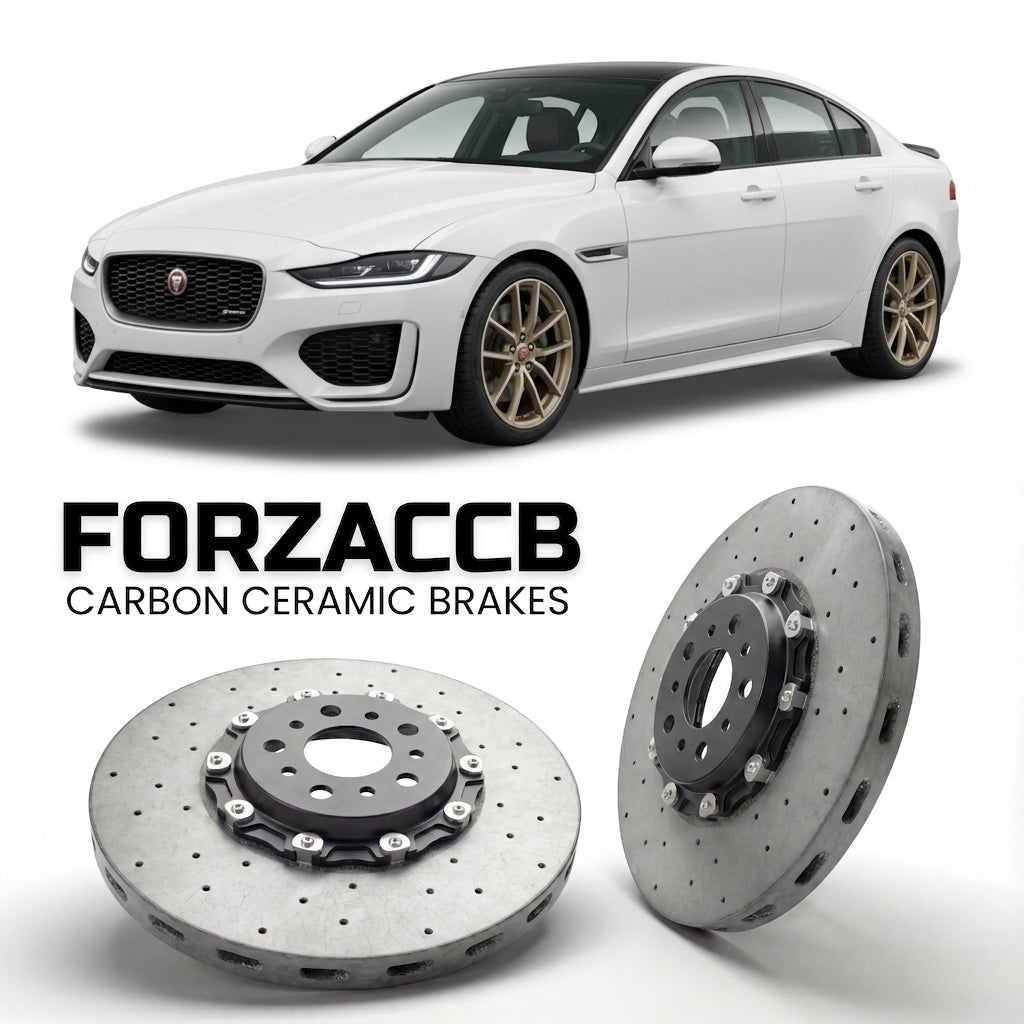 ForzaCCB direct OEM replacement carbon ceramic brake rotors for 2019 to 2020 Jaguar XE X760, facelift 2019 models, shown with a white Jaguar XE car.