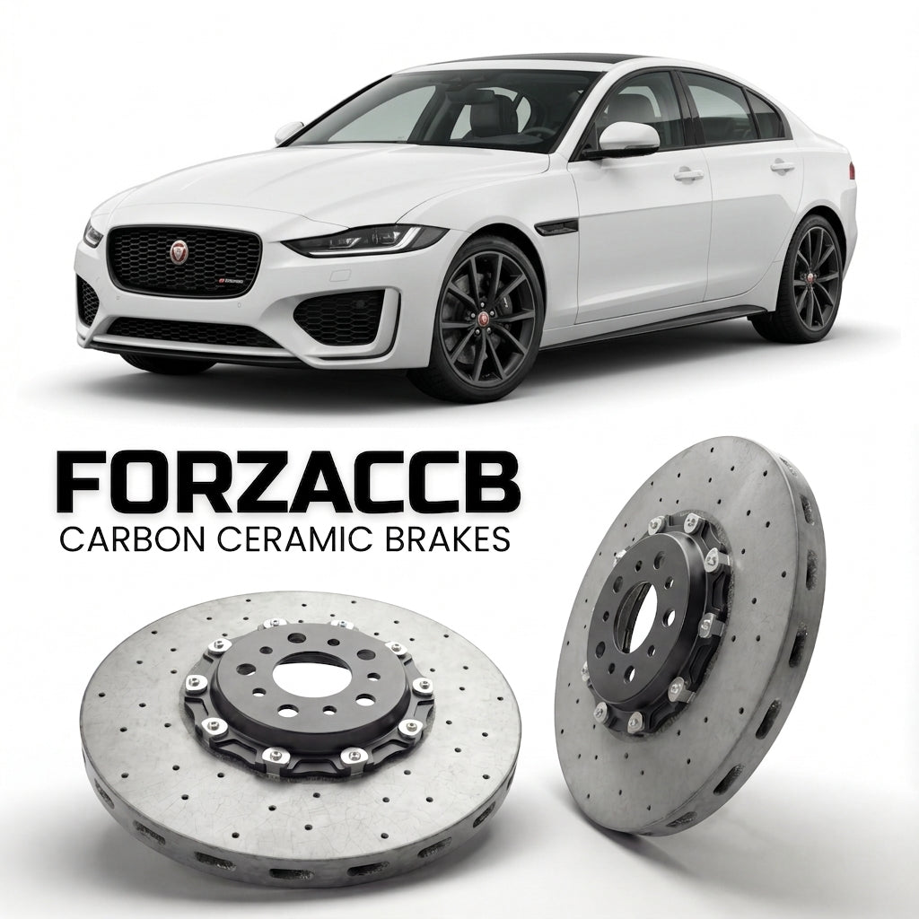 ForzaCCB direct OEM replacement carbon ceramic brake rotors for 2020 to 2024 Jaguar XE X760, facelift 2020 models, shown with a white Jaguar XE car.