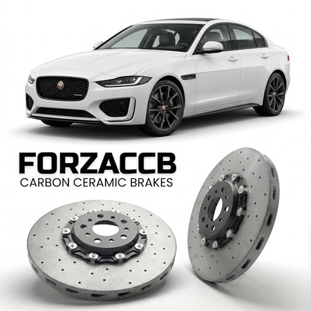 ForzaCCB direct OEM replacement carbon ceramic brake rotors for 2020 to 2024 Jaguar XE X760, facelift 2020 models, shown with a white Jaguar XE car.