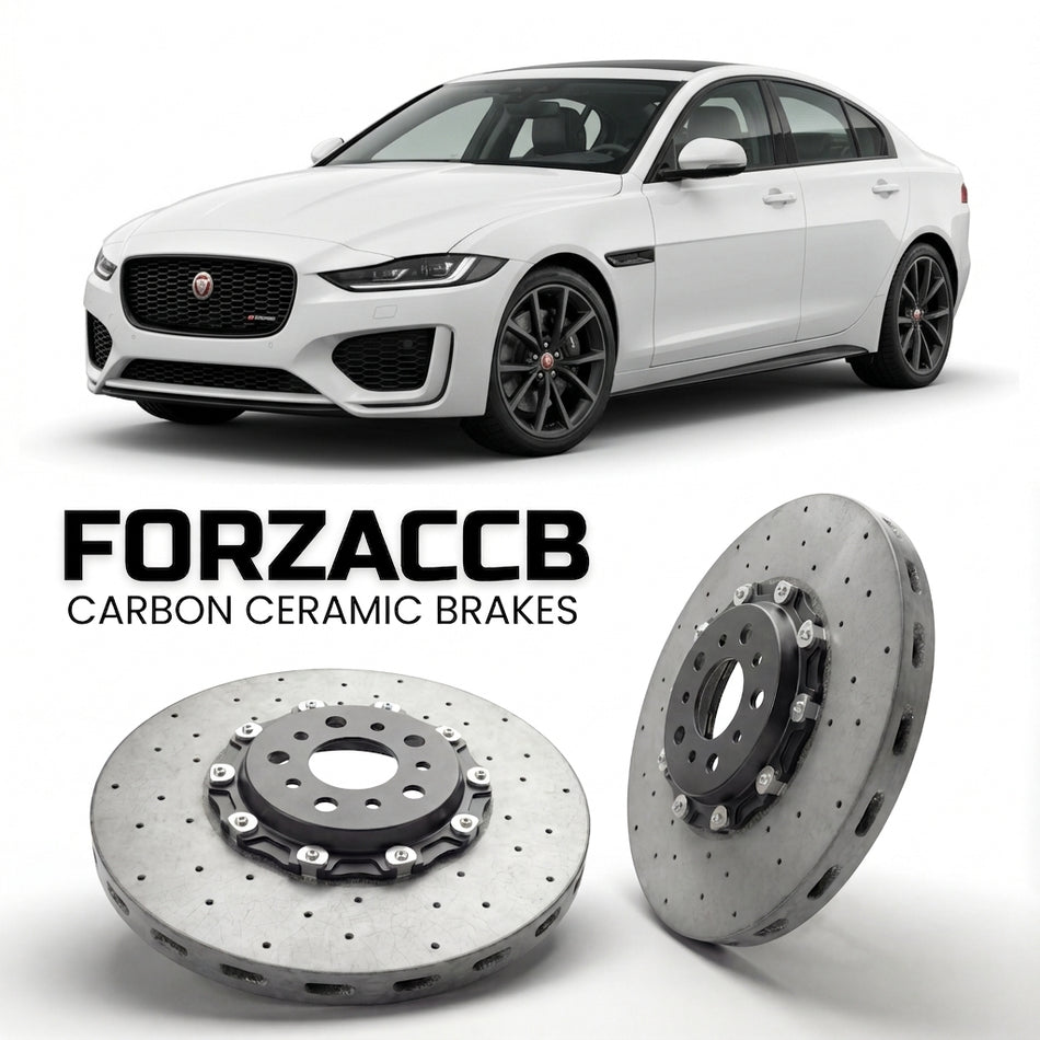 ForzaCCB direct OEM replacement carbon ceramic brake rotors for 2020 to 2024 Jaguar XE X760, facelift 2020 models, shown with a white Jaguar XE car.