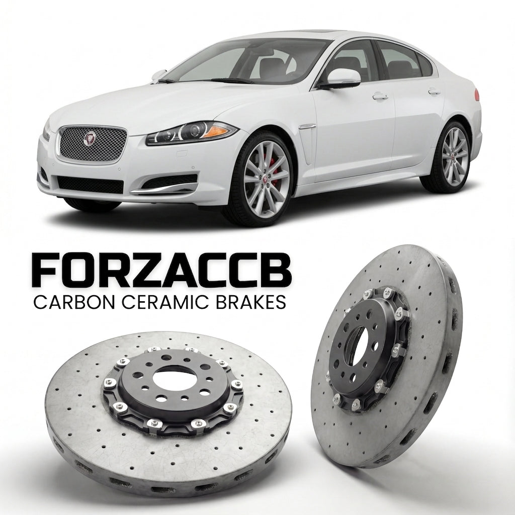 ForzaCCB direct OEM replacement carbon ceramic brake rotors for 2007 to 2011 Jaguar XF X250 models, shown with a white Jaguar XF car.