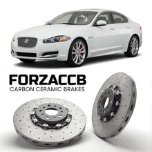 ForzaCCB direct OEM replacement carbon ceramic brake rotors for 2007 to 2011 Jaguar XF X250 models, shown with a white Jaguar XF car.