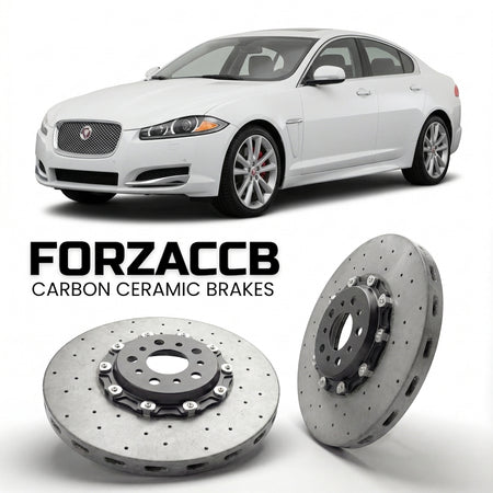 ForzaCCB direct OEM replacement carbon ceramic brake rotors for 2007 to 2011 Jaguar XF X250 models, shown with a white Jaguar XF car.