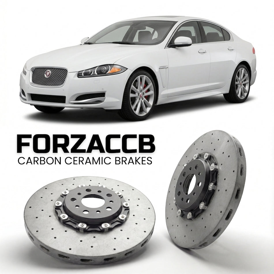 ForzaCCB direct OEM replacement carbon ceramic brake rotors for 2007 to 2011 Jaguar XF X250 models, shown with a white Jaguar XF car.