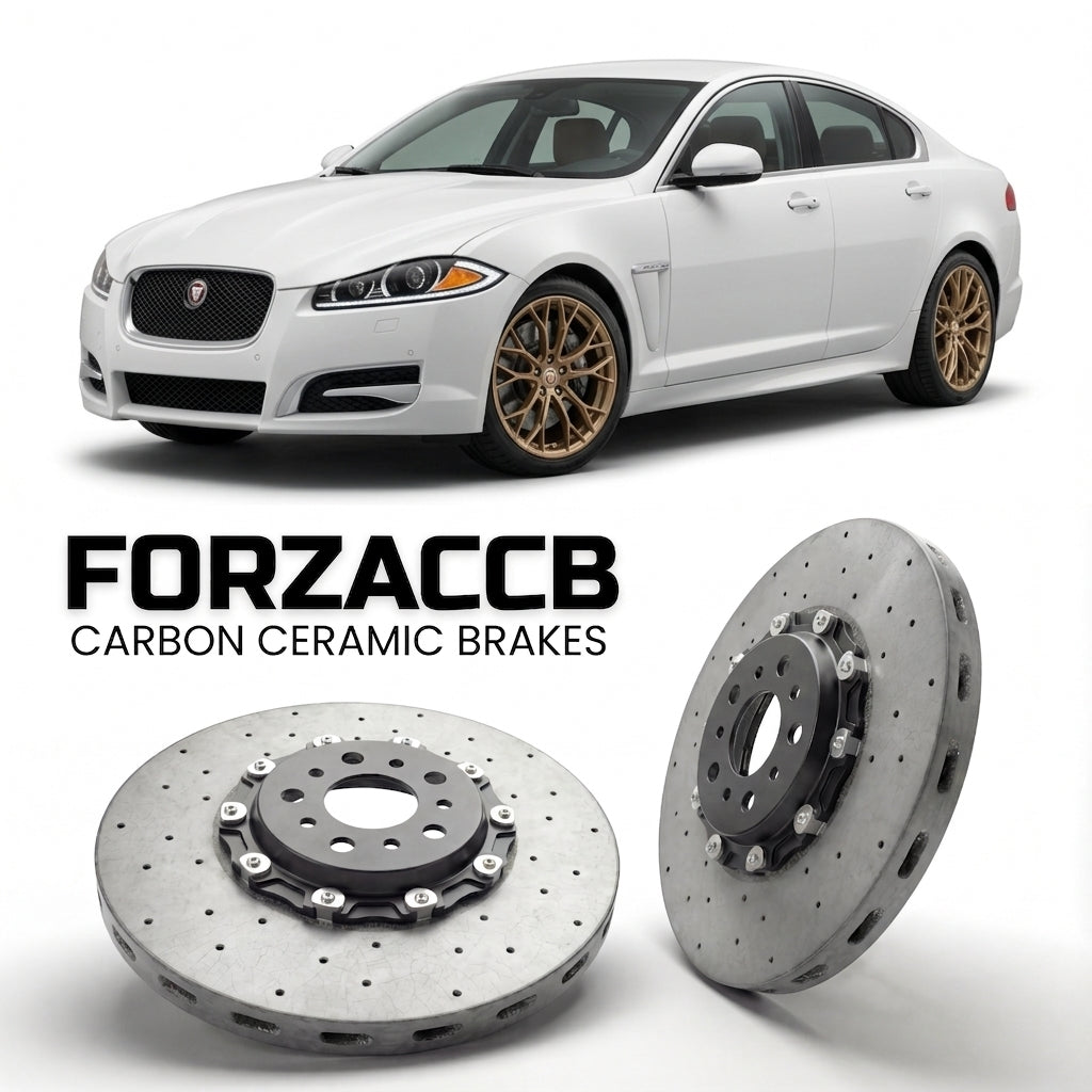 ForzaCCB direct OEM replacement carbon ceramic brake rotors for 2011 to 2015 Jaguar XF X250, facelift 2011 models, shown with a white Jaguar XF car.