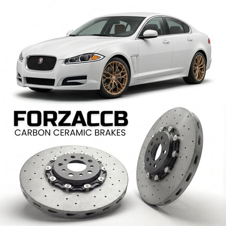 ForzaCCB direct OEM replacement carbon ceramic brake rotors for 2011 to 2015 Jaguar XF X250, facelift 2011 models, shown with a white Jaguar XF car.