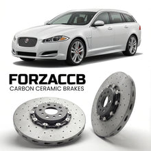 ForzaCCB direct OEM replacement carbon ceramic brake rotors for 2012-2015) Jaguar XF Sportbrake (X250 models, shown with a white Jaguar XF car.