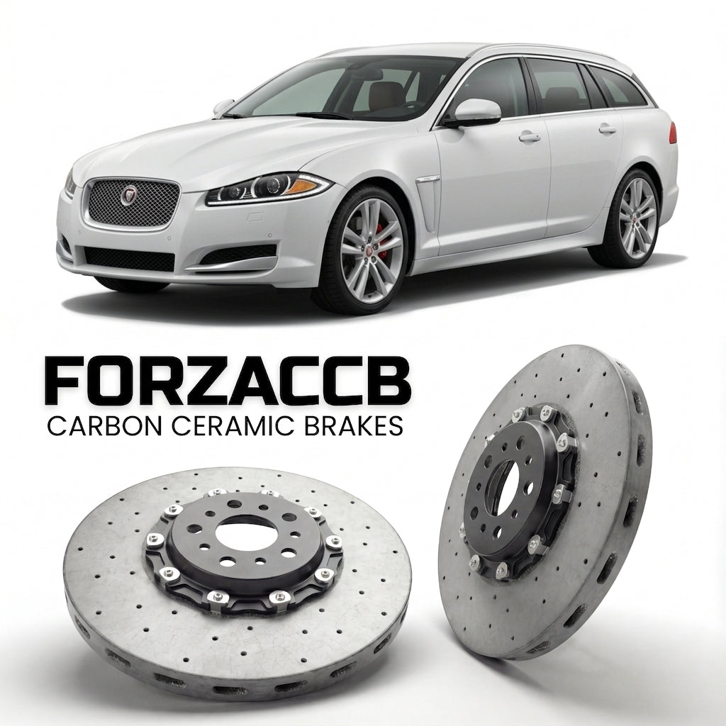 ForzaCCB direct OEM replacement carbon ceramic brake rotors for 2012-2015) Jaguar XF Sportbrake (X250 models, shown with a white Jaguar XF car.