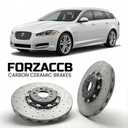 ForzaCCB direct OEM replacement carbon ceramic brake rotors for 2012-2015) Jaguar XF Sportbrake (X250 models, shown with a white Jaguar XF car.