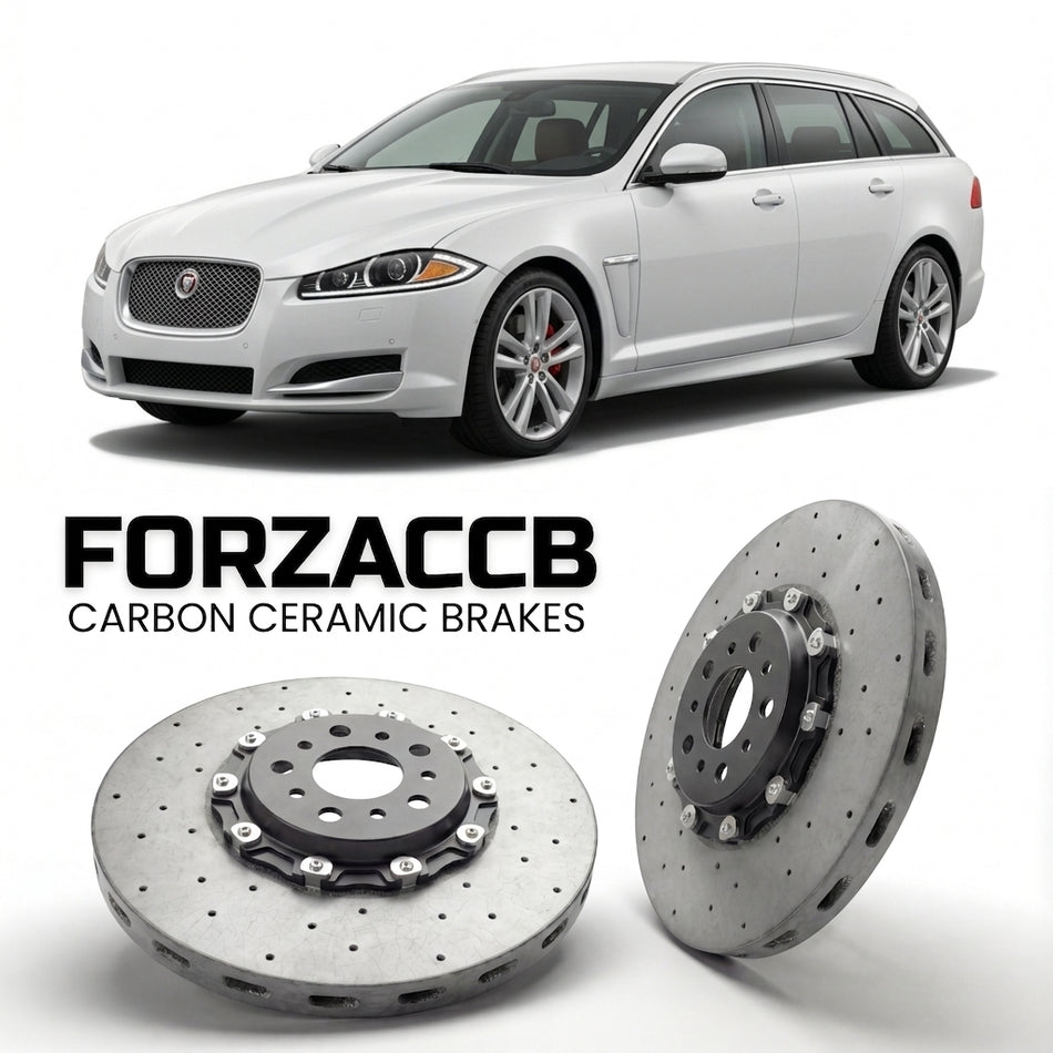 ForzaCCB direct OEM replacement carbon ceramic brake rotors for 2012-2015) Jaguar XF Sportbrake (X250 models, shown with a white Jaguar XF car.