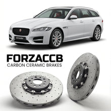 ForzaCCB direct OEM replacement carbon ceramic brake rotors for 2015-2020) Jaguar XF Sportbrake (X260 models, shown with a white Jaguar XF car.