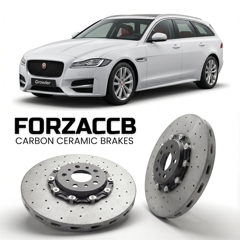 ForzaCCB direct OEM replacement carbon ceramic brake rotors for 2015-2020) Jaguar XF Sportbrake (X260 models, shown with a white Jaguar XF car.