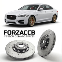 ForzaCCB direct OEM replacement carbon ceramic brake rotors for 2015 to 2020 Jaguar XF X260 models, shown with a white Jaguar XF car.