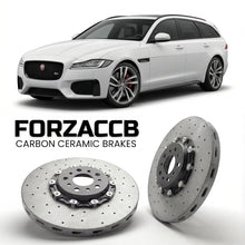 ForzaCCB direct OEM replacement carbon ceramic brake rotors for 2020-2024) Jaguar XF Sportbrake (X260, facelift 2020 models, shown with a white Jaguar XF car.