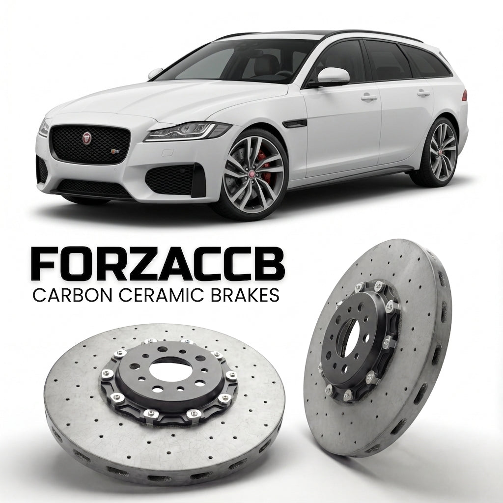 ForzaCCB direct OEM replacement carbon ceramic brake rotors for 2020-2024) Jaguar XF Sportbrake (X260, facelift 2020 models, shown with a white Jaguar XF car.