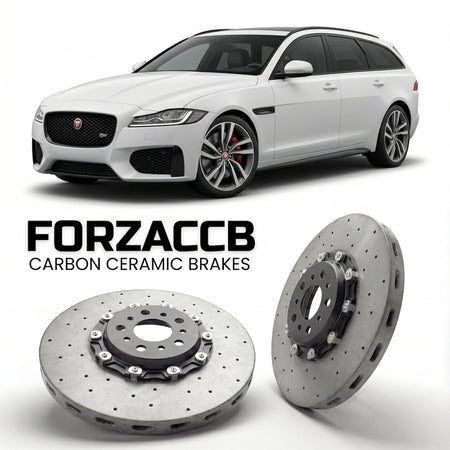 ForzaCCB direct OEM replacement carbon ceramic brake rotors for 2020-2024) Jaguar XF Sportbrake (X260, facelift 2020 models, shown with a white Jaguar XF car.