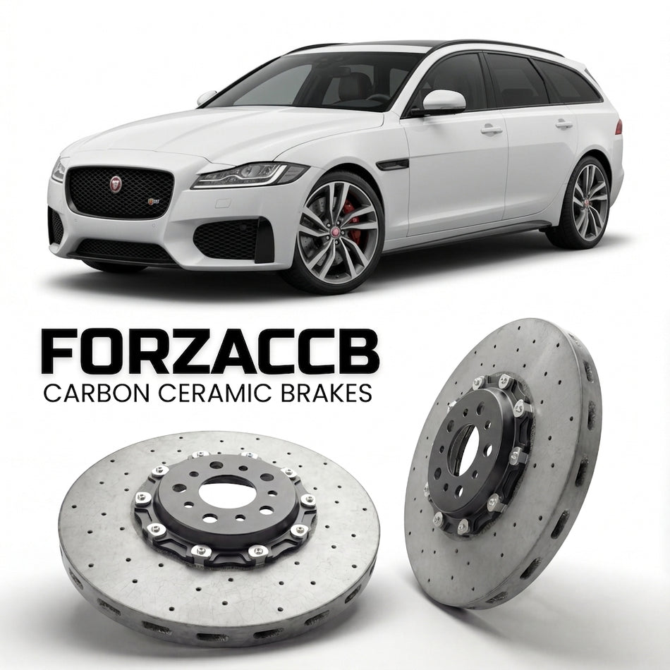 ForzaCCB direct OEM replacement carbon ceramic brake rotors for 2020-2024) Jaguar XF Sportbrake (X260, facelift 2020 models, shown with a white Jaguar XF car.
