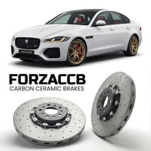 ForzaCCB direct OEM replacement carbon ceramic brake rotors for 2020 to 2024 Jaguar XF X260, facelift 2020 models, shown with a white Jaguar XF car.