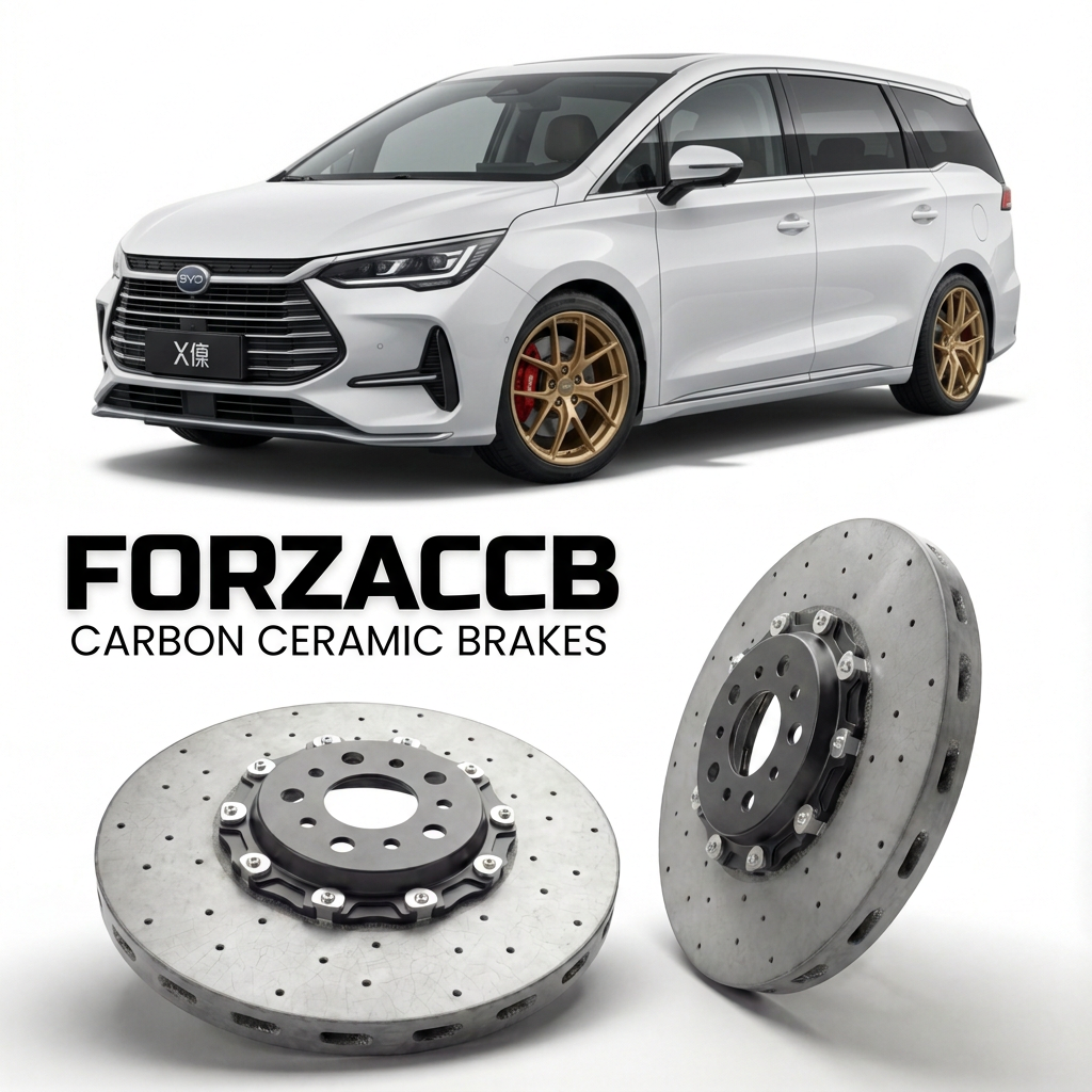 ForzaCCB direct OEM replacement carbon ceramic brake rotors for 2025 and newer BYD Xia models, shown with a white BYD Xia car.