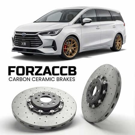 ForzaCCB direct OEM replacement carbon ceramic brake rotors for 2025 and newer BYD Xia models, shown with a white BYD Xia car.