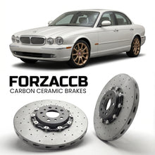 ForzaCCB direct OEM replacement carbon ceramic brake rotors for 2005 to 2006 Jaguar XJ X350 models, shown with a white Jaguar XJ car.