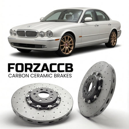 ForzaCCB direct OEM replacement carbon ceramic brake rotors for 2005 to 2006 Jaguar XJ X350 models, shown with a white Jaguar XJ car.
