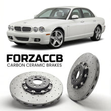 ForzaCCB direct OEM replacement carbon ceramic brake rotors for 2007-2009) Jaguar XJ Sovereign (X358 models, shown with a white Jaguar XJ car.