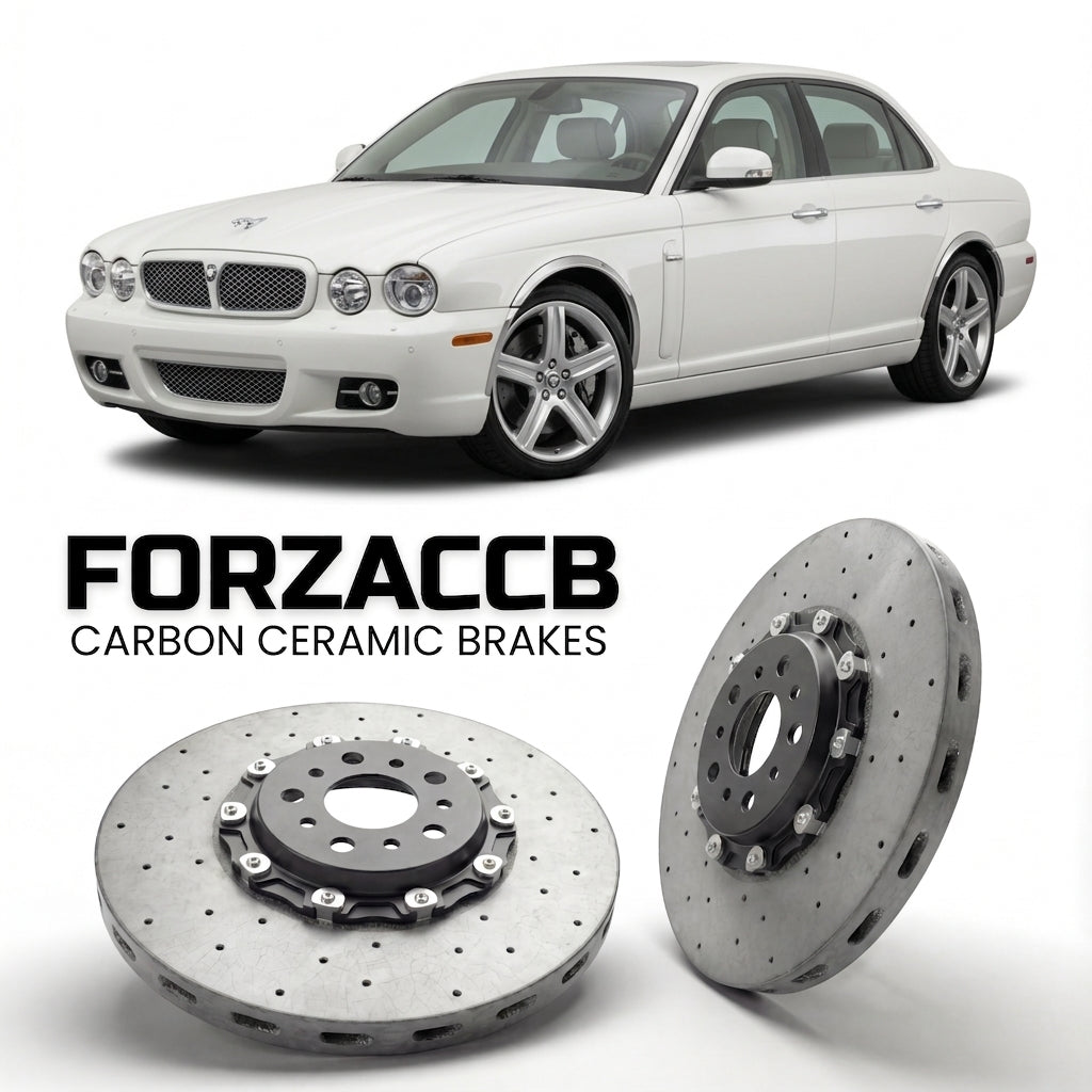 ForzaCCB direct OEM replacement carbon ceramic brake rotors for 2007-2009) Jaguar XJ Sovereign (X358 models, shown with a white Jaguar XJ car.