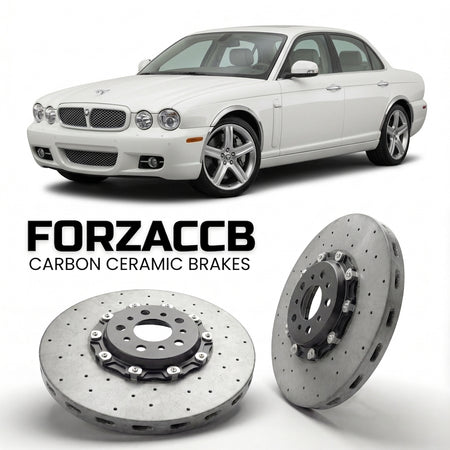 ForzaCCB direct OEM replacement carbon ceramic brake rotors for 2007-2009) Jaguar XJ Sovereign (X358 models, shown with a white Jaguar XJ car.