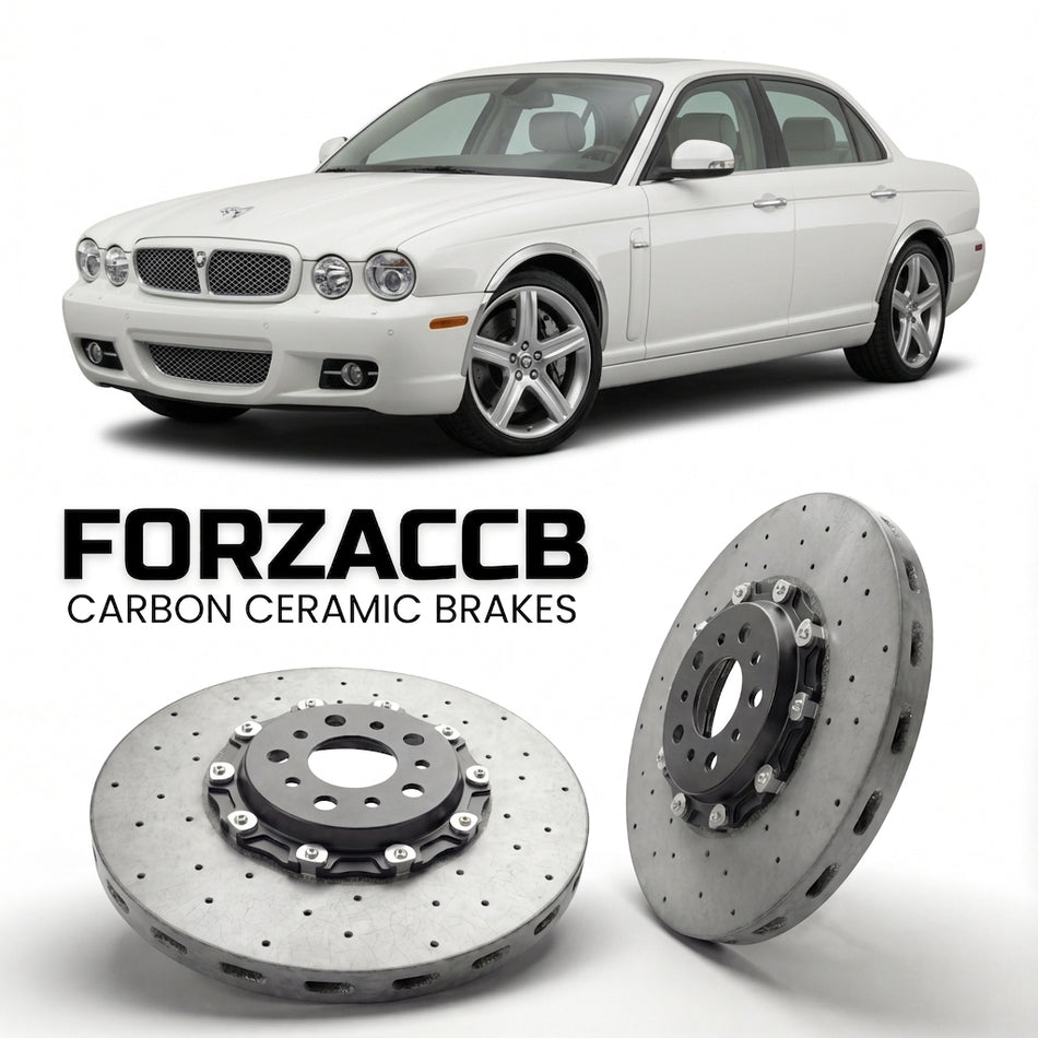 ForzaCCB direct OEM replacement carbon ceramic brake rotors for 2007-2009) Jaguar XJ Sovereign (X358 models, shown with a white Jaguar XJ car.