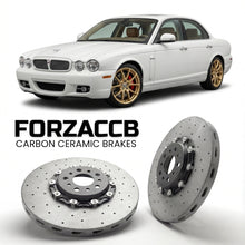 ForzaCCB direct OEM replacement carbon ceramic brake rotors for 2007 to 2009 Jaguar XJ X358 models, shown with a white Jaguar XJ car.