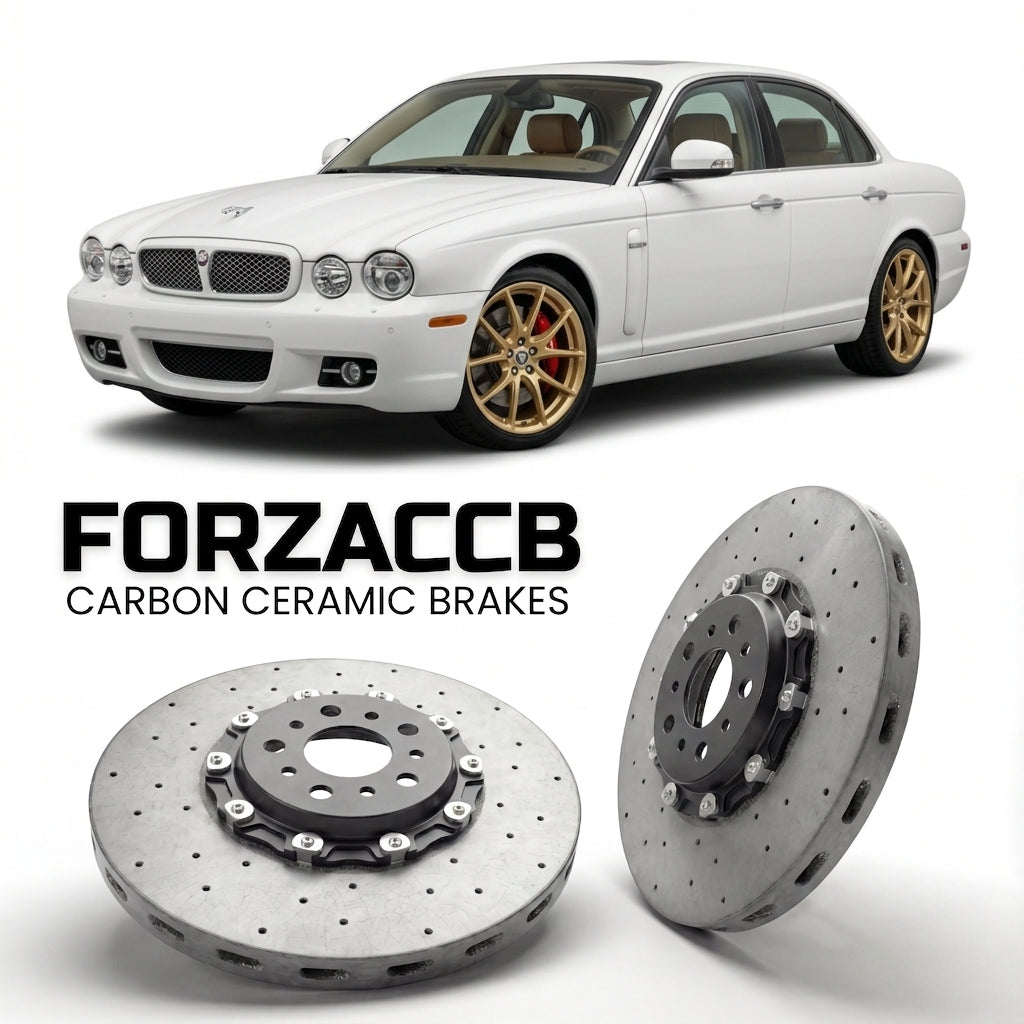 ForzaCCB direct OEM replacement carbon ceramic brake rotors for 2007 to 2009 Jaguar XJ X358 models, shown with a white Jaguar XJ car.
