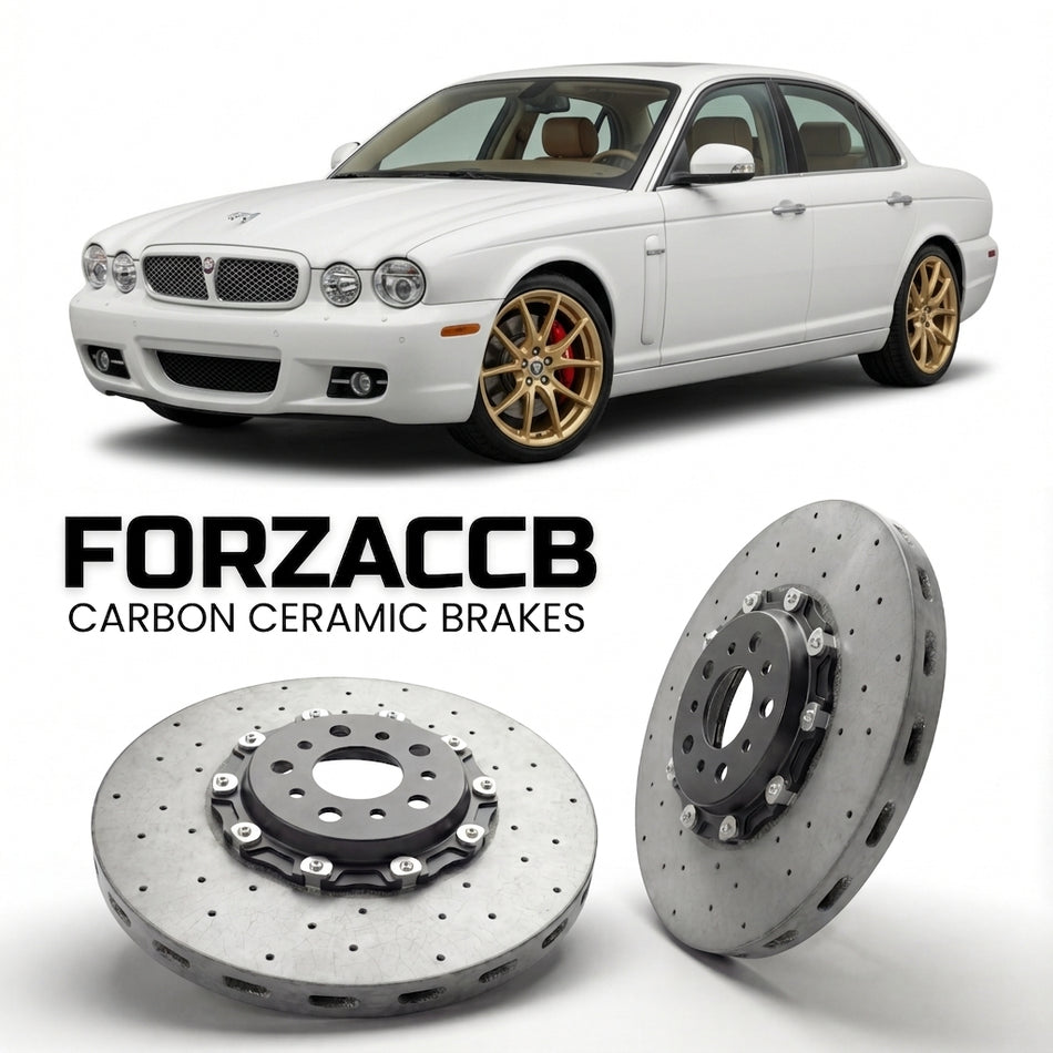 ForzaCCB direct OEM replacement carbon ceramic brake rotors for 2007 to 2009 Jaguar XJ X358 models, shown with a white Jaguar XJ car.