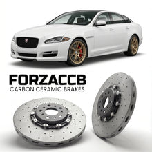 ForzaCCB direct OEM replacement carbon ceramic brake rotors for 2009-2015) Jaguar XJ Long (X351 models, shown with a white Jaguar XJ car.
