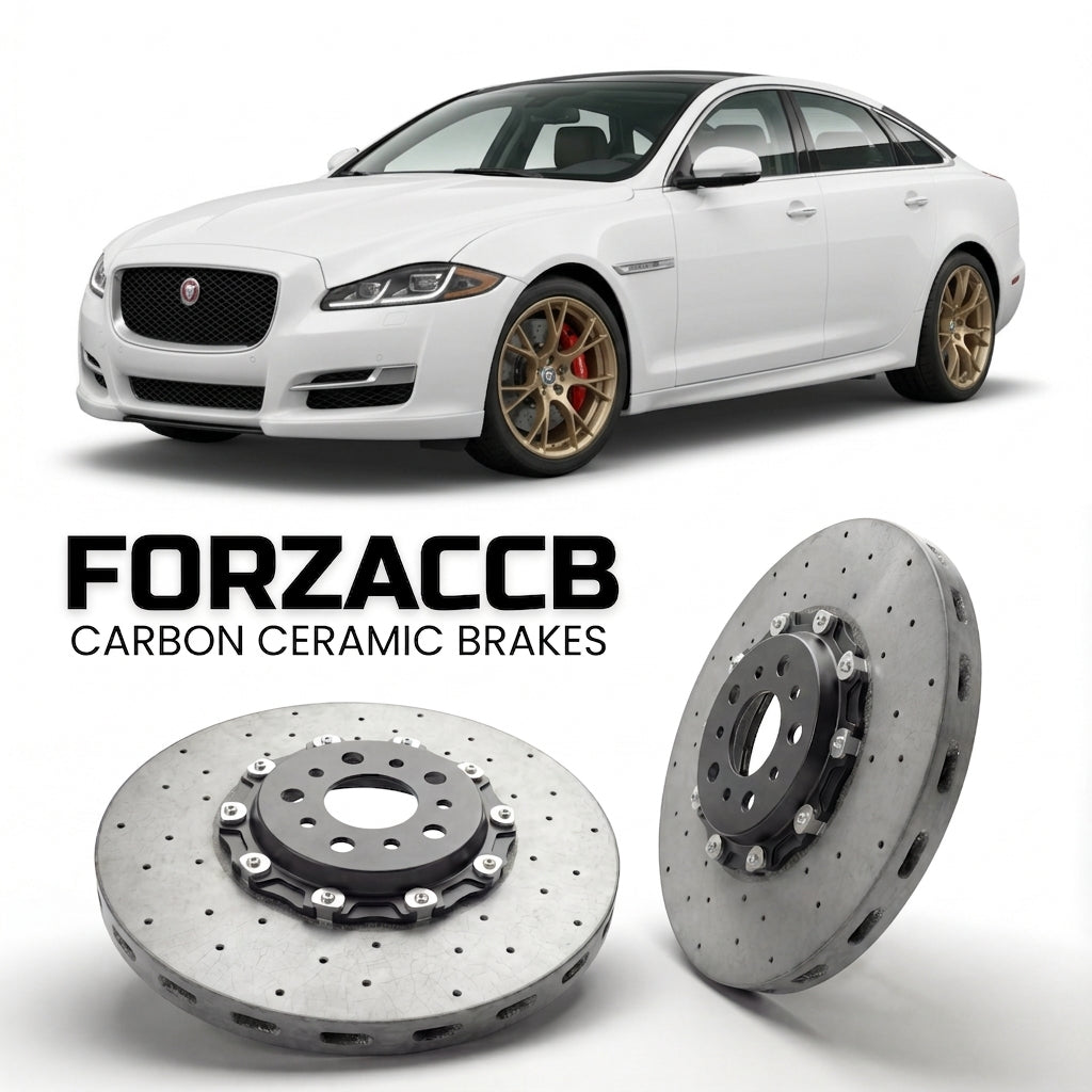 ForzaCCB direct OEM replacement carbon ceramic brake rotors for 2009-2015) Jaguar XJ Long (X351 models, shown with a white Jaguar XJ car.