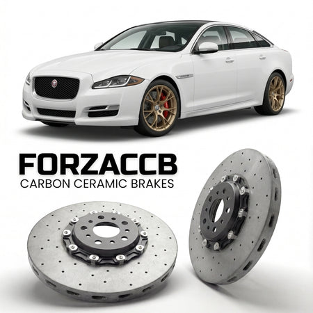 ForzaCCB direct OEM replacement carbon ceramic brake rotors for 2009-2015) Jaguar XJ Long (X351 models, shown with a white Jaguar XJ car.