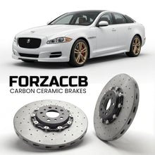 ForzaCCB direct OEM replacement carbon ceramic brake rotors for 2009 to 2015 Jaguar XJ X351 models, shown with a white Jaguar XJ car.
