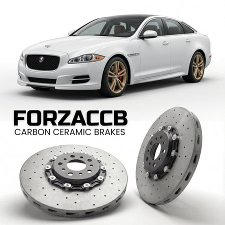 ForzaCCB direct OEM replacement carbon ceramic brake rotors for 2009 to 2015 Jaguar XJ X351 models, shown with a white Jaguar XJ car.