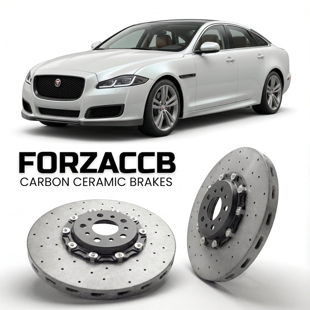 ForzaCCB direct OEM replacement carbon ceramic brake rotors for 2015-2019) Jaguar XJ Long (X351 facelift 2015 models, shown with a white Jaguar XJ car.