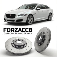 ForzaCCB direct OEM replacement carbon ceramic brake rotors for 2015-2019) Jaguar XJ Long (X351 facelift 2015 models, shown with a white Jaguar XJ car.